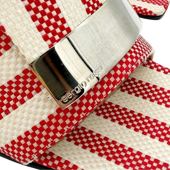 Sergio Rossi SR1 Red Stripe Canvas Mule Block Heel Slide Sandals Size EU 36 US 6 - Picture 2 of 13